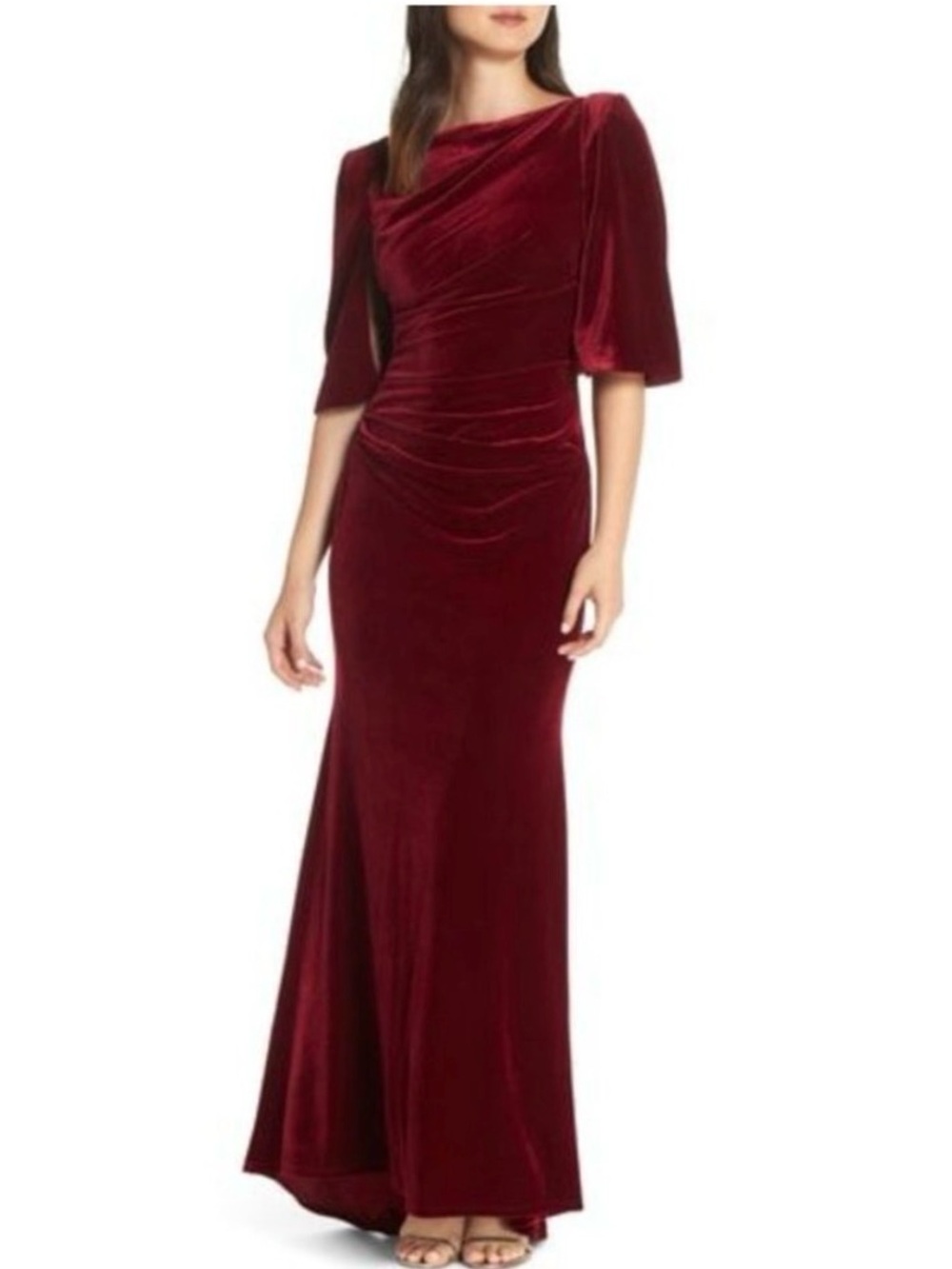 Eliza J Velvet Capelet Caplet Ruched Gown Wine Maroon Maxi Dress Size 8 wedding